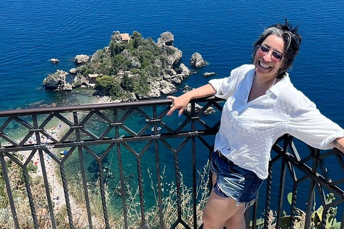 Giardini Naxos, Taormina and Castelmola-White Lotus-From Catania - White Lotus photo moments: Isola Bella from above and filming-location posing